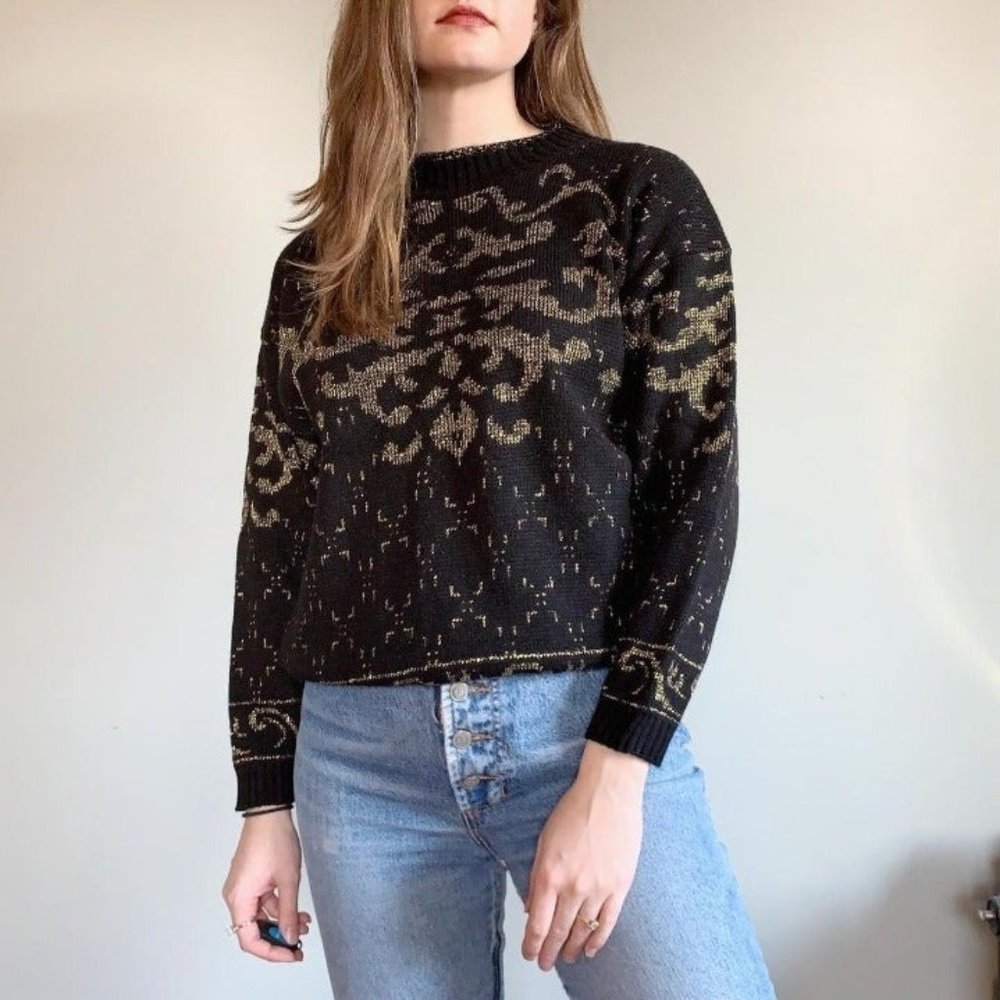 Arielle vintage 80s black knit mockneck sweater gold glitter acrylic size large